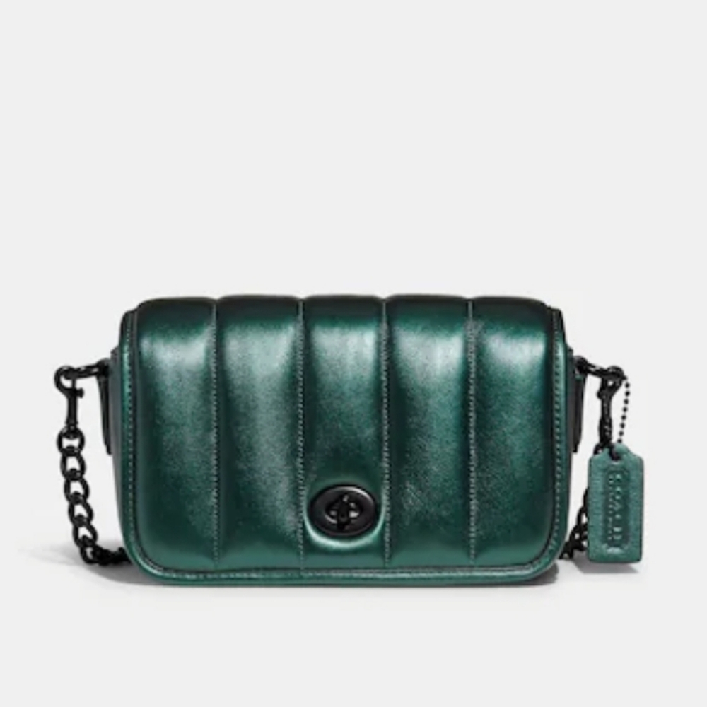 COACH Dinky 18 with Quilting in Metallic Dark Green